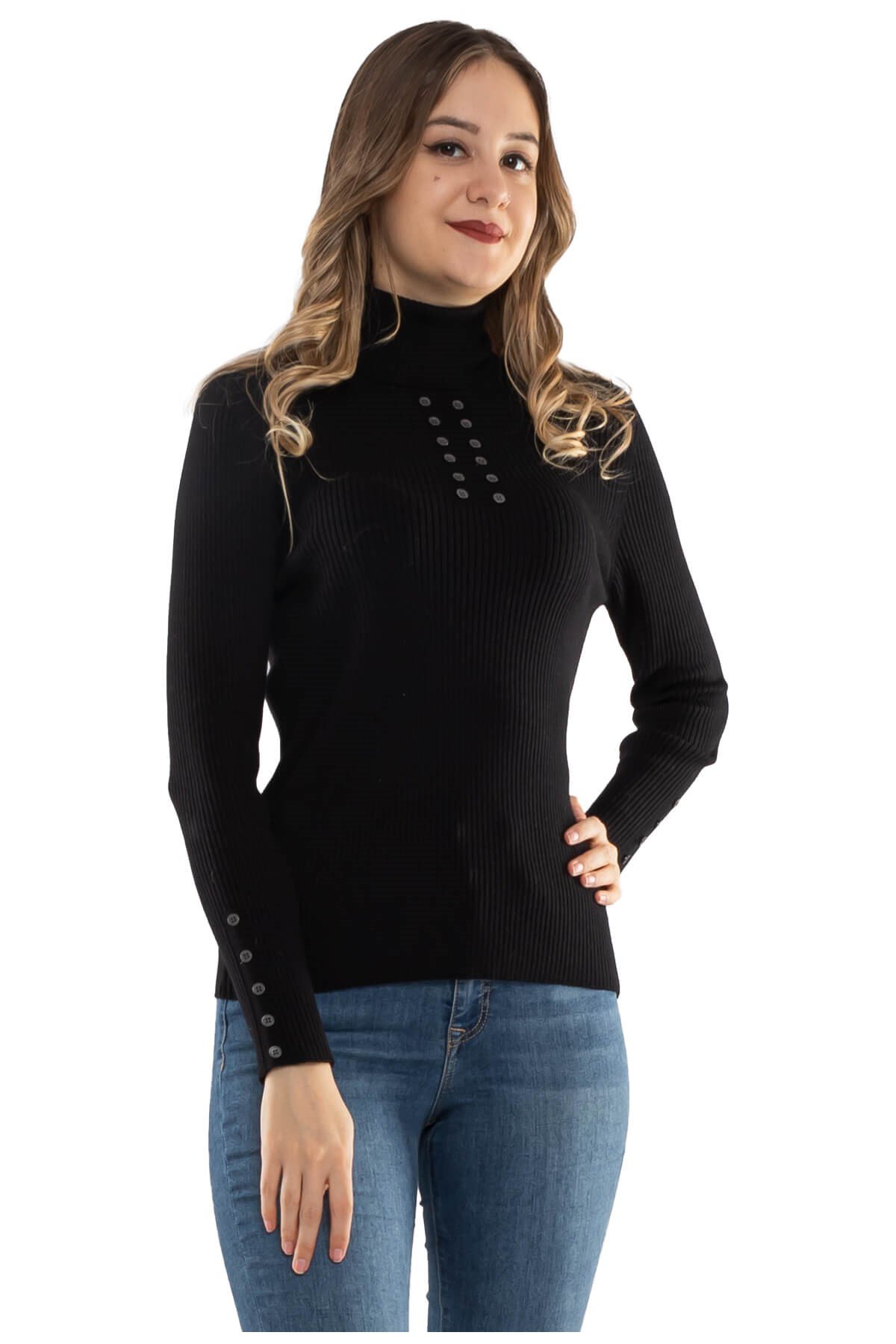 32325 Tam Balıkçı Yaka Kol Düğmeli Triko Kadın Kazak
