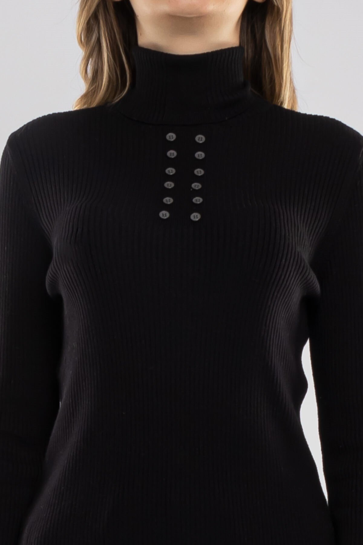 32325 Tam Balıkçı Yaka Kol Düğmeli Triko Kadın Kazak