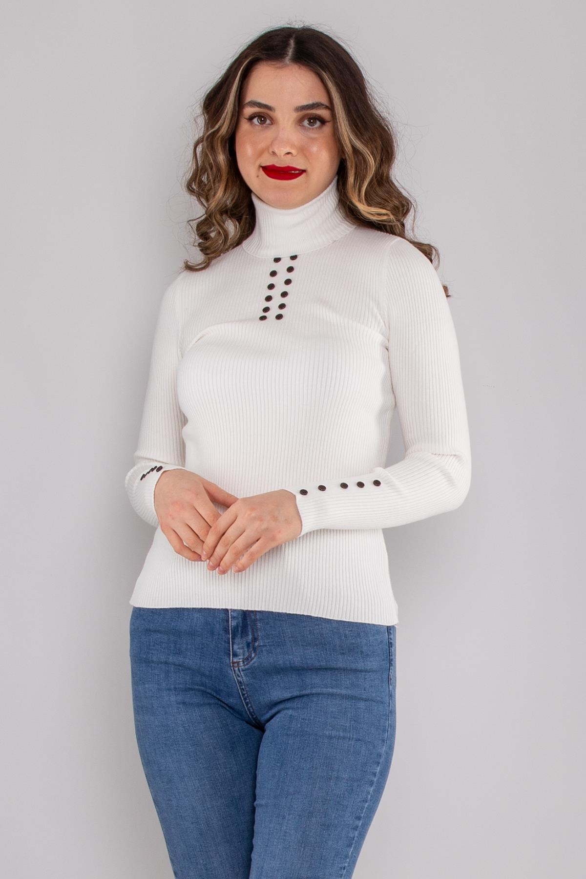 32325 Tam Balıkçı Yaka Kol Düğmeli Triko Kadın Kazak