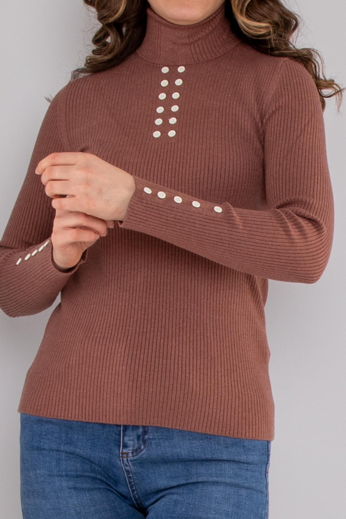 32325 Tam Balıkçı Yaka Kol Düğmeli Triko Kadın Kazak