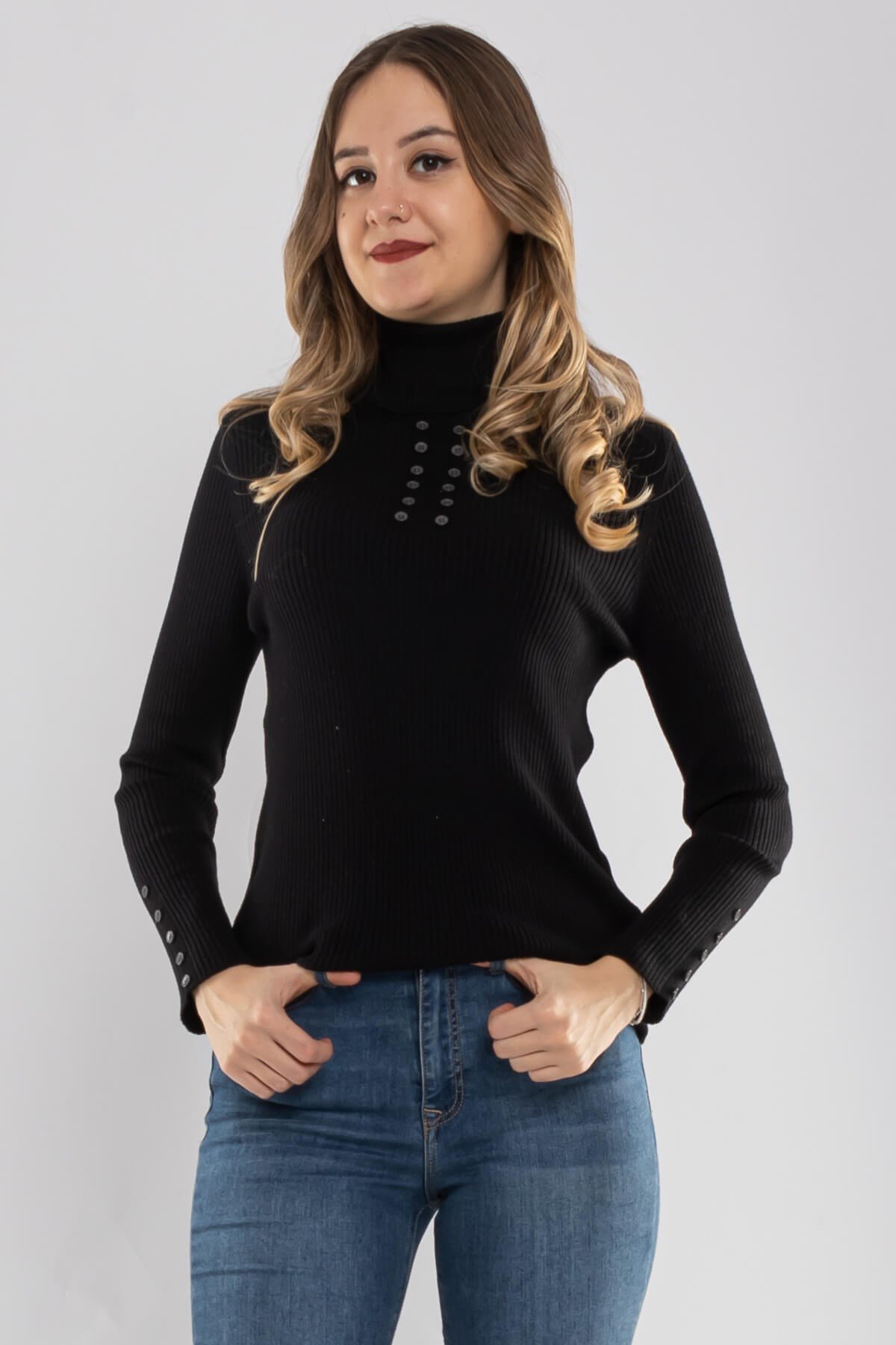 32325 Tam Balıkçı Yaka Kol Düğmeli Triko Kadın Kazak