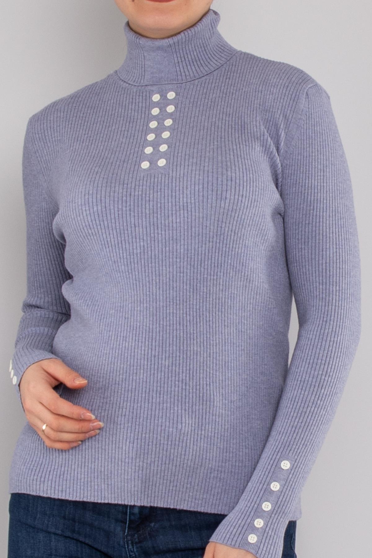 32325 Tam Balıkçı Yaka Kol Düğmeli Triko Kadın Kazak