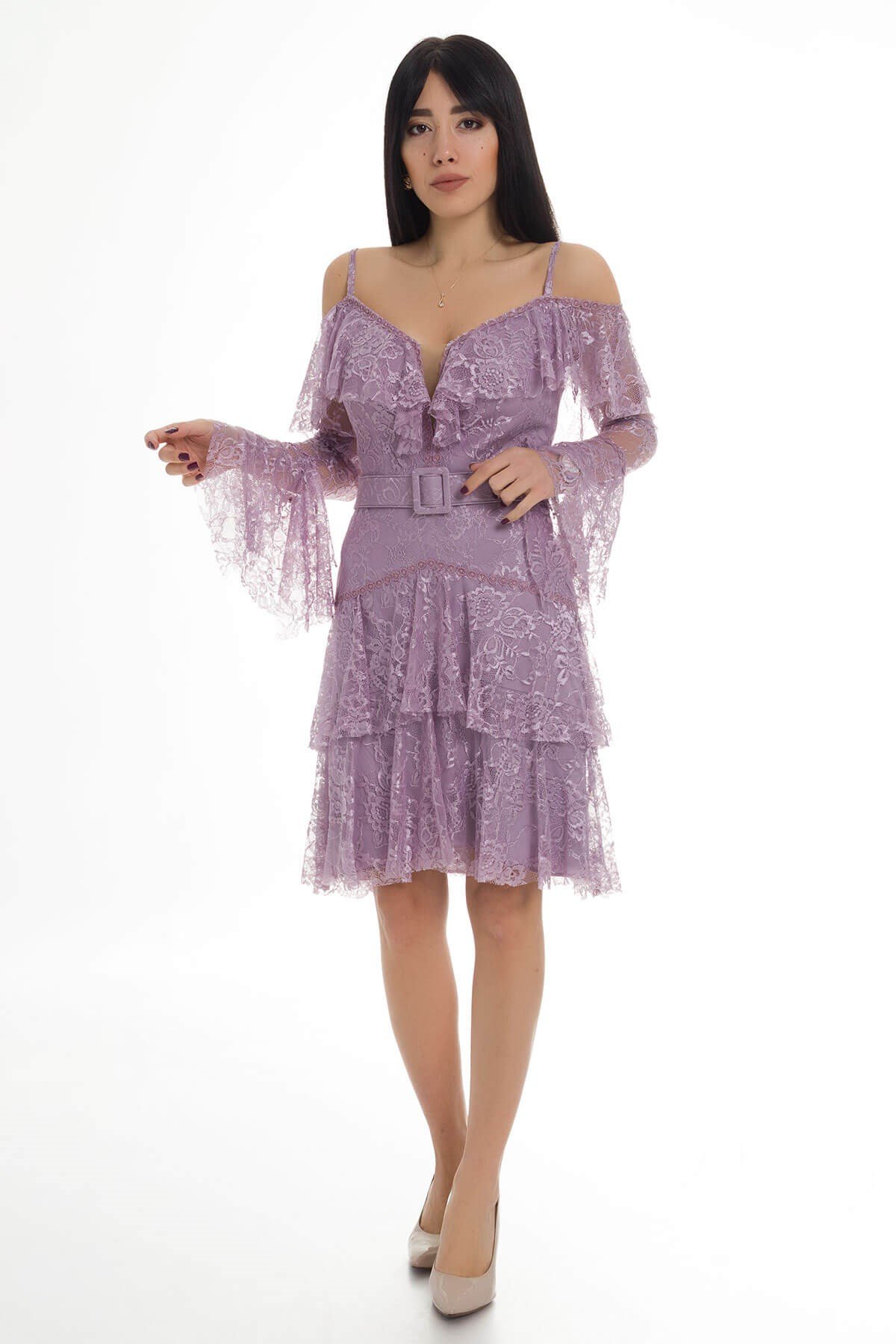 329 KB Beli Kemerli Fırfırlı Dantel Kısa Abiye