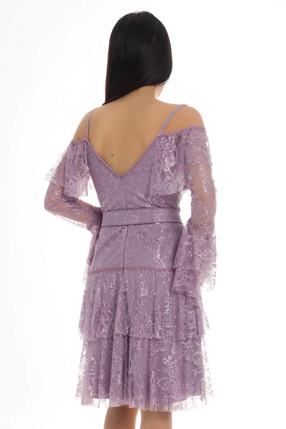 329 KB Beli Kemerli Fırfırlı Dantel Kısa Abiye