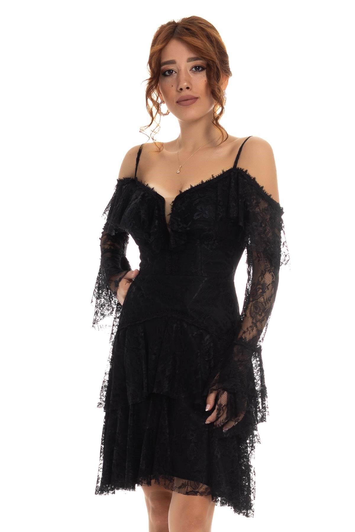 329 KB Beli Kemerli Fırfırlı Dantel Uzun Abiye