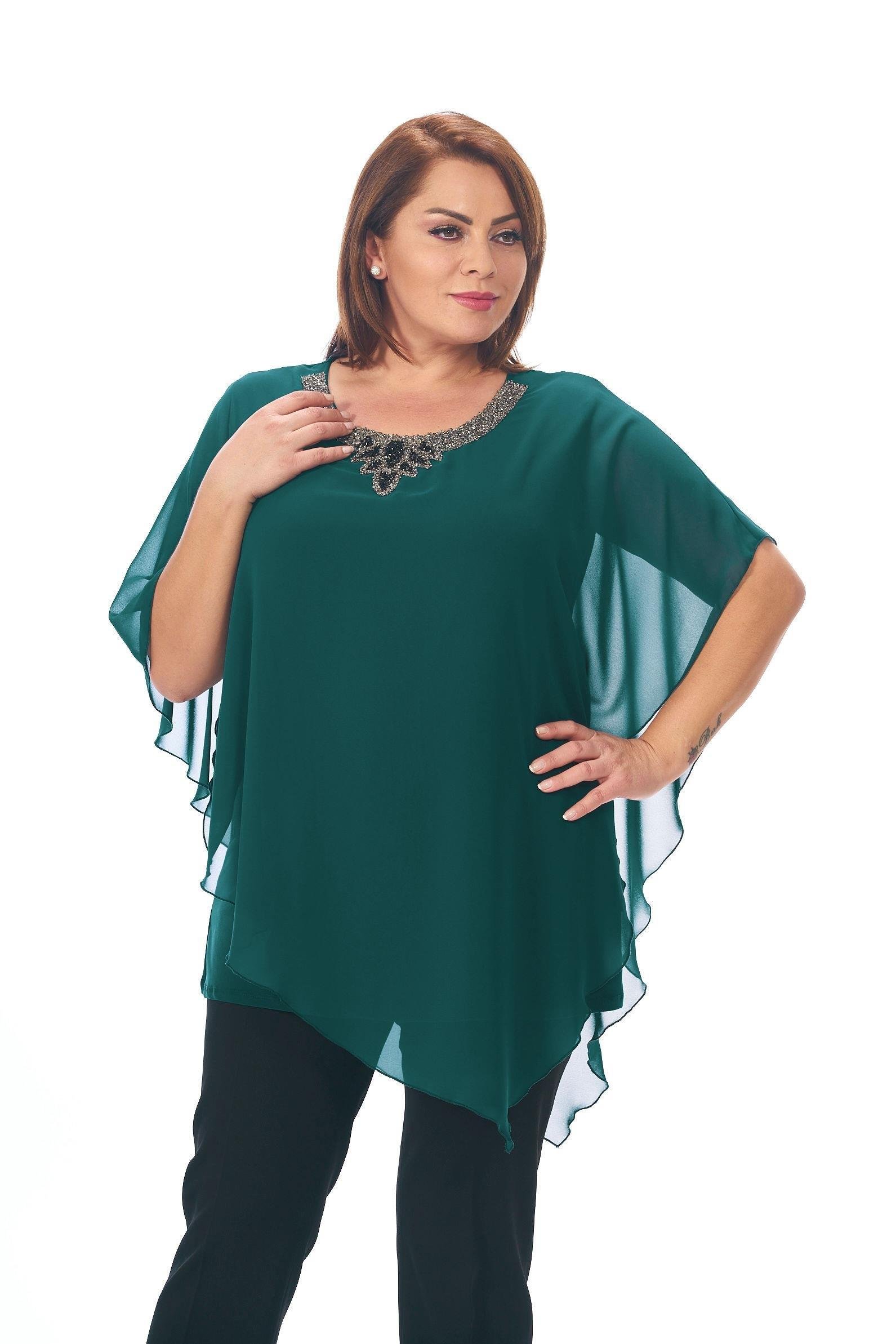 334 Büyük Beden Yaka Kendinden Taş Kolye Tül Detay Şifon Bluz