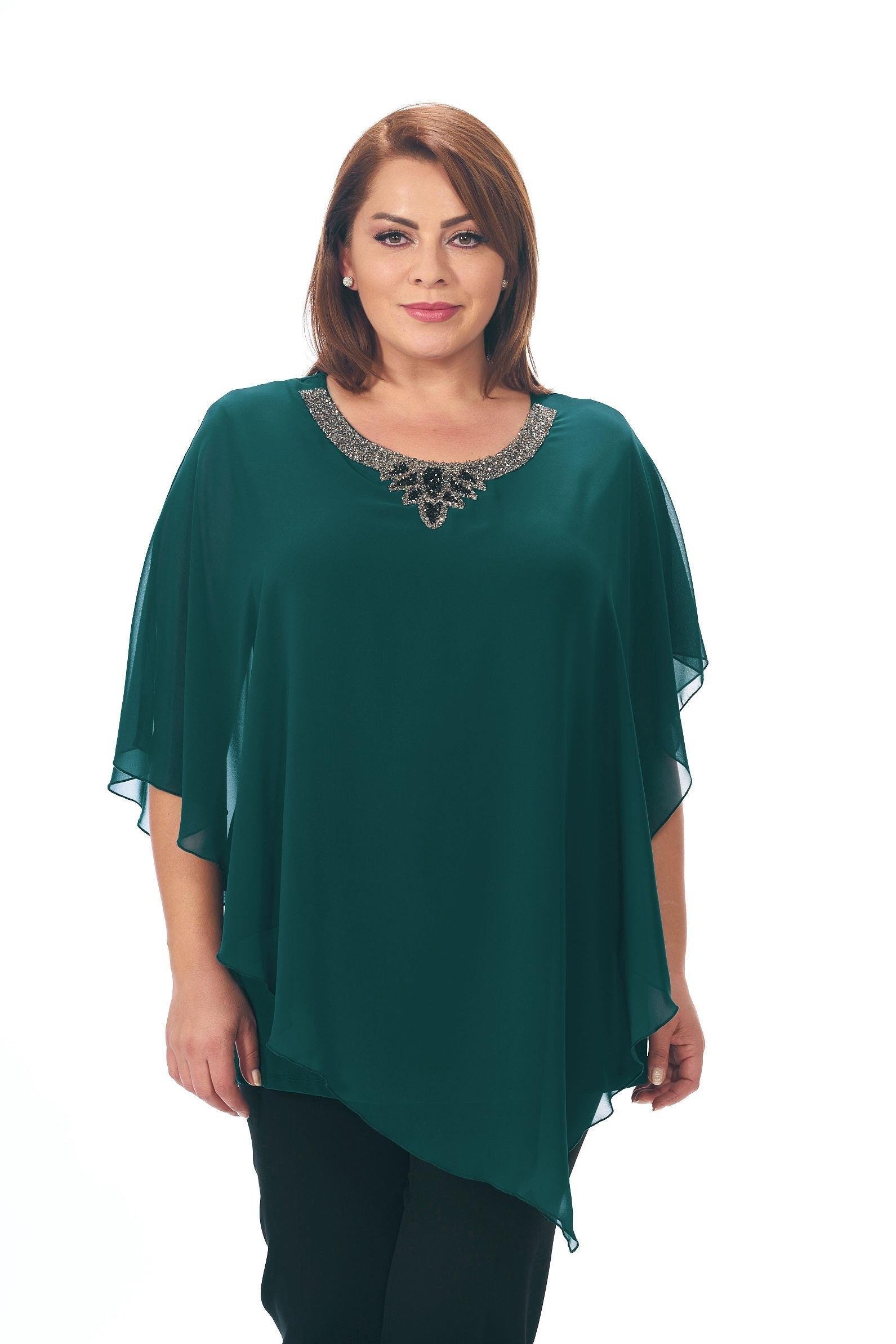 334 Büyük Beden Yaka Kendinden Taş Kolye Tül Detay Şifon Bluz