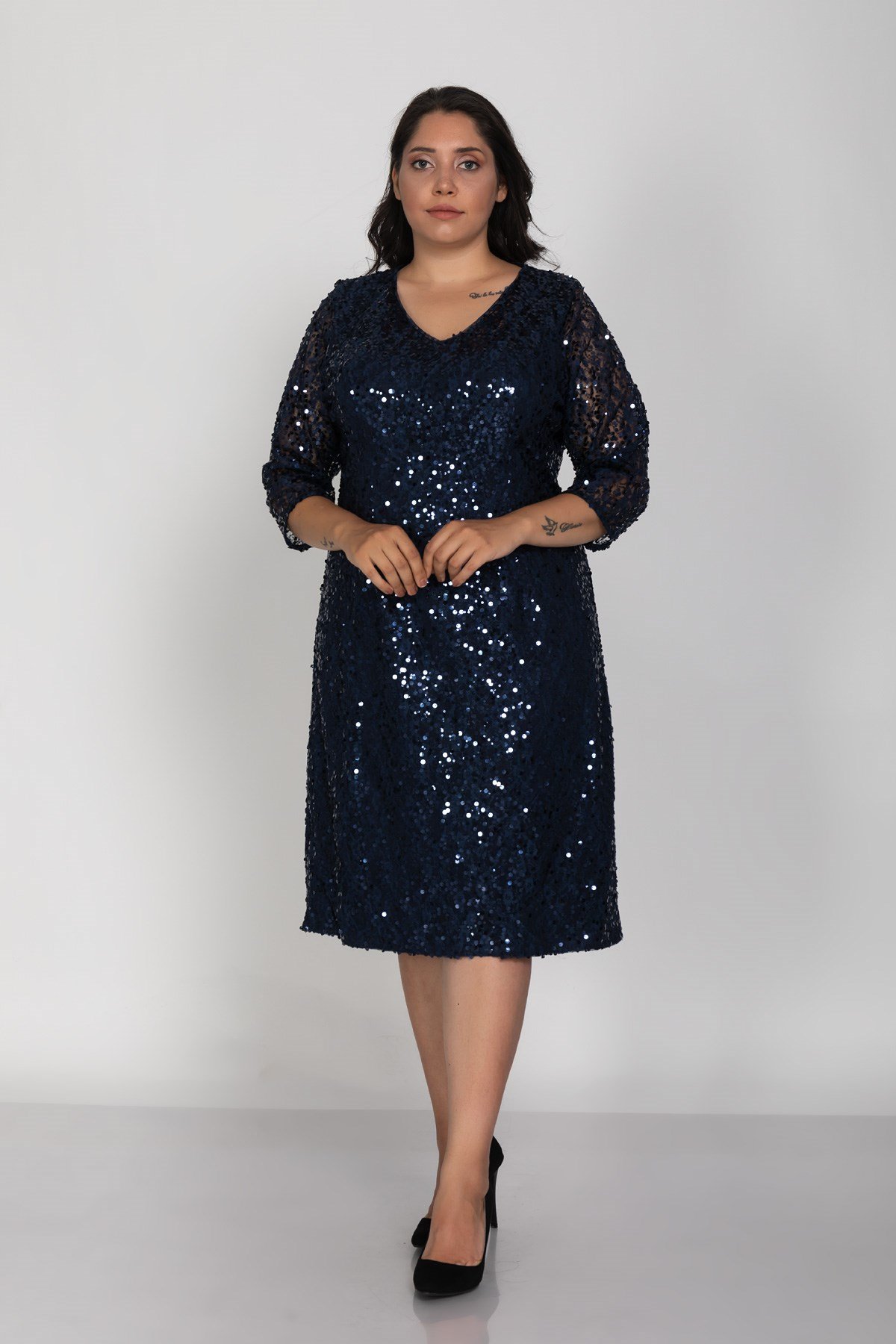 3383 Büyük Beden Truvakar Kol Vyaka Pulpayet Kısa Elbise