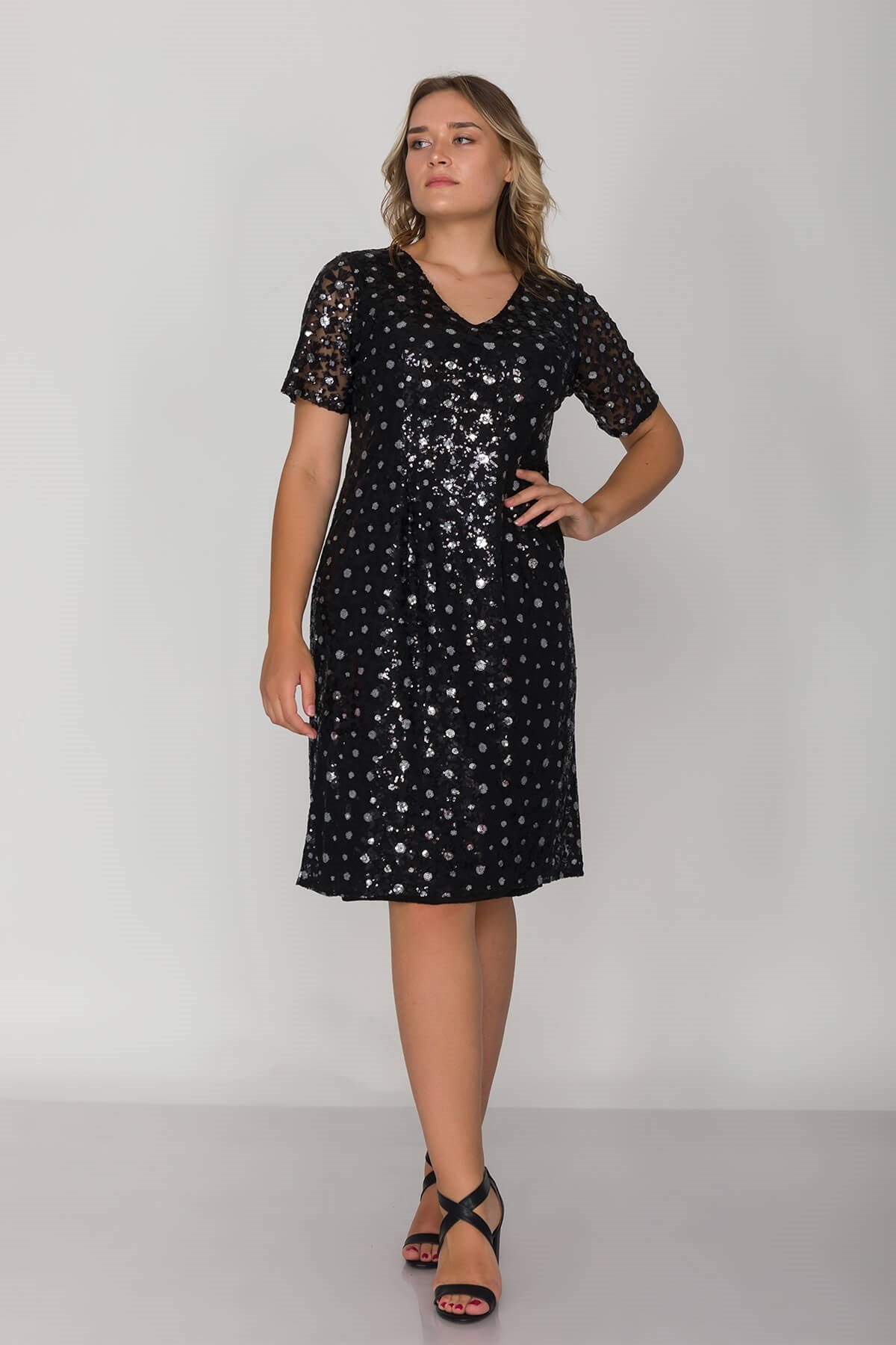 3422 Büyük Beden Kısa Kol Pulpayet Çiçek Nakışlı Kısa Elbise