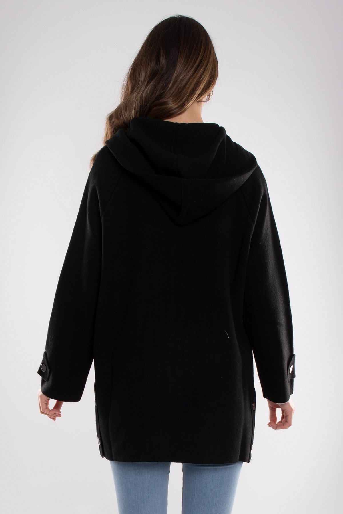 34244 Kapüşonlu Cepli Gold Düğme Yünlü Kadın Triko Ceket