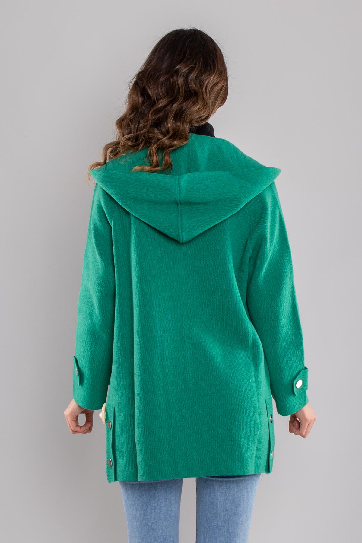 34244 Kapüşonlu Cepli Gold Düğme Yünlü Kadın Triko Ceket