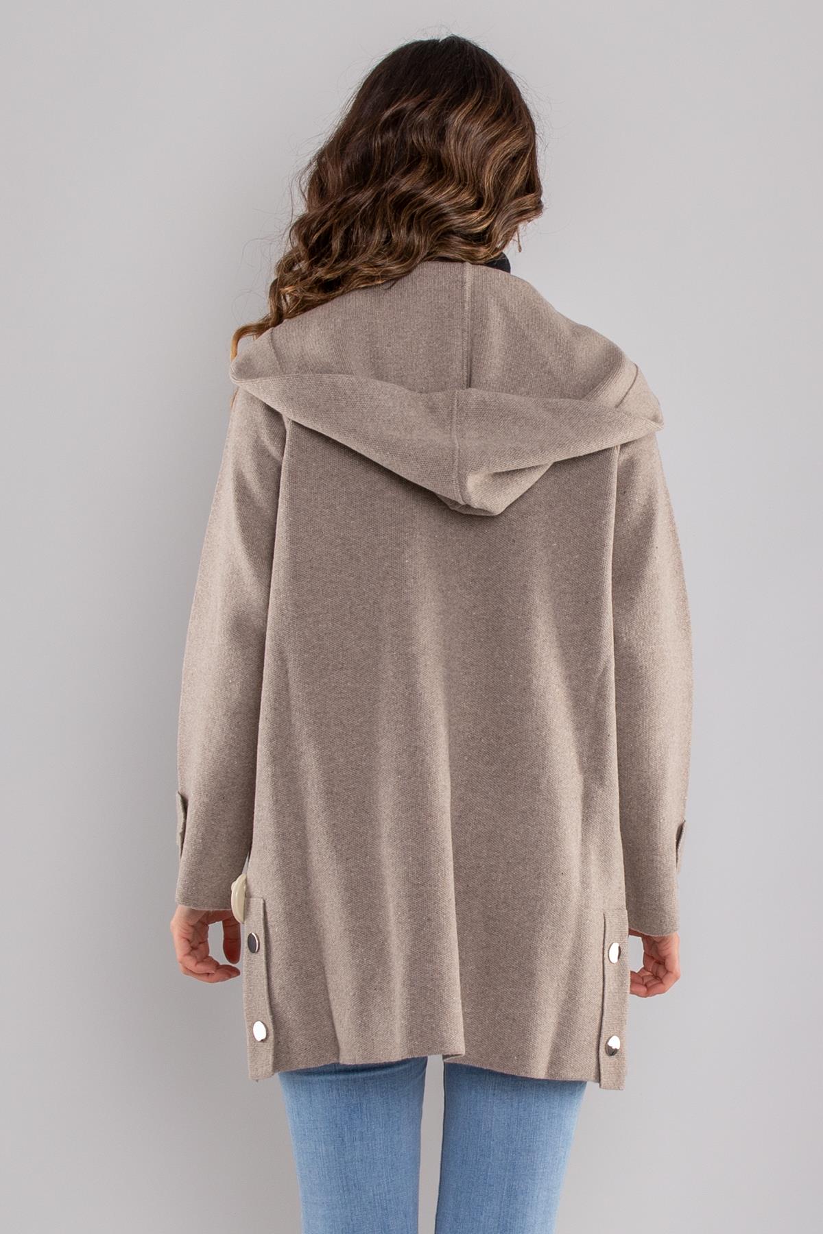 34244 Kapüşonlu Cepli Gold Düğme Yünlü Kadın Triko Ceket