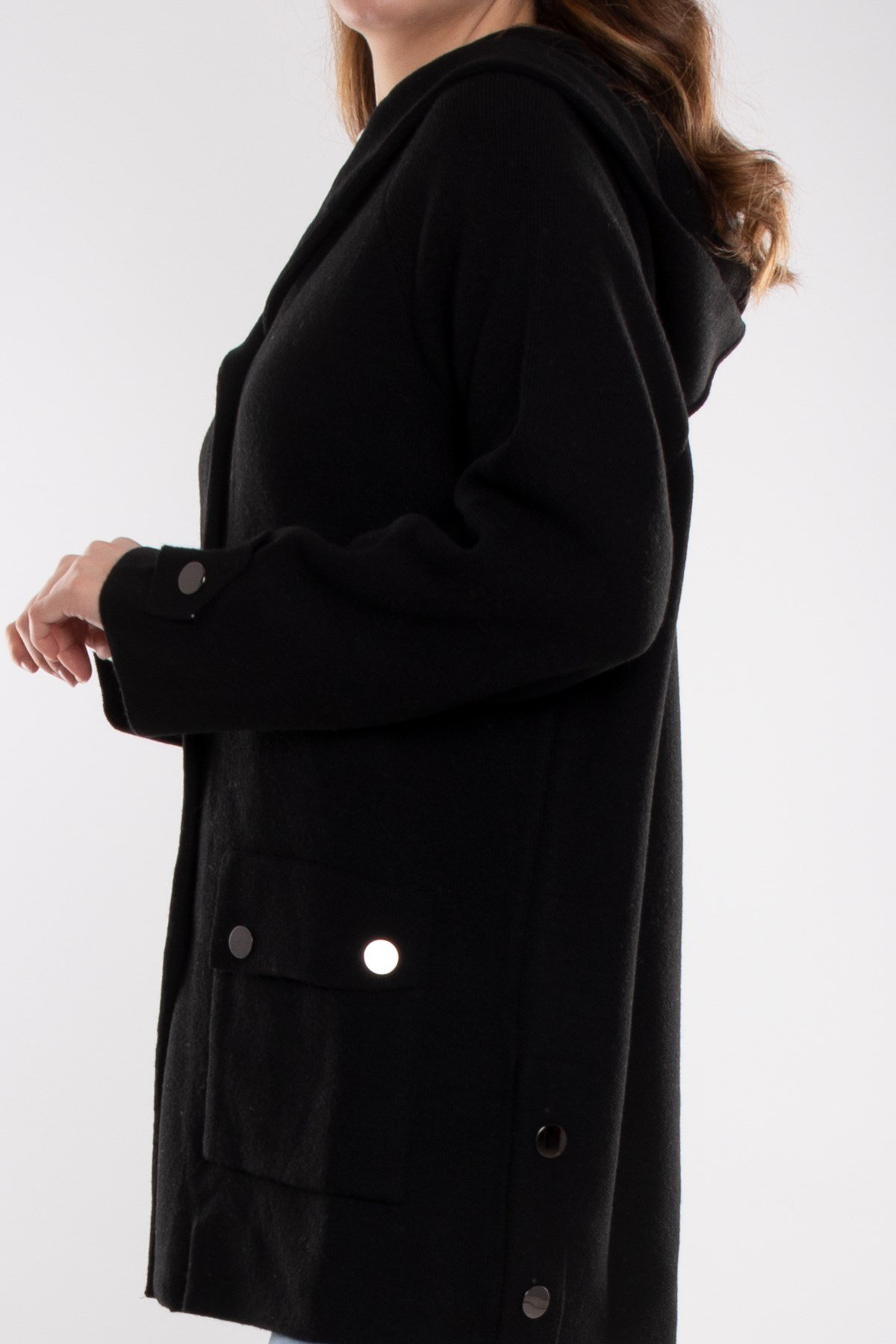 34244 Kapüşonlu Cepli Gold Düğme Yünlü Kadın Triko Ceket