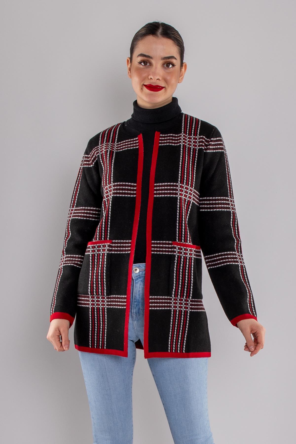 34340 Sıfır Yaka Cepli Triko Kadın Ceket