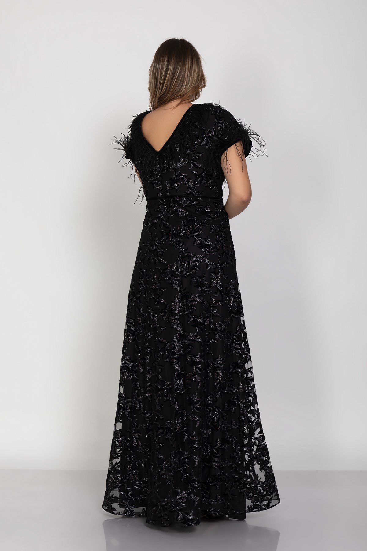 3438 Büyük Beden Ön Arka Vyaka Tüylü Flok Yaprak Baskılı Uzun Elbise