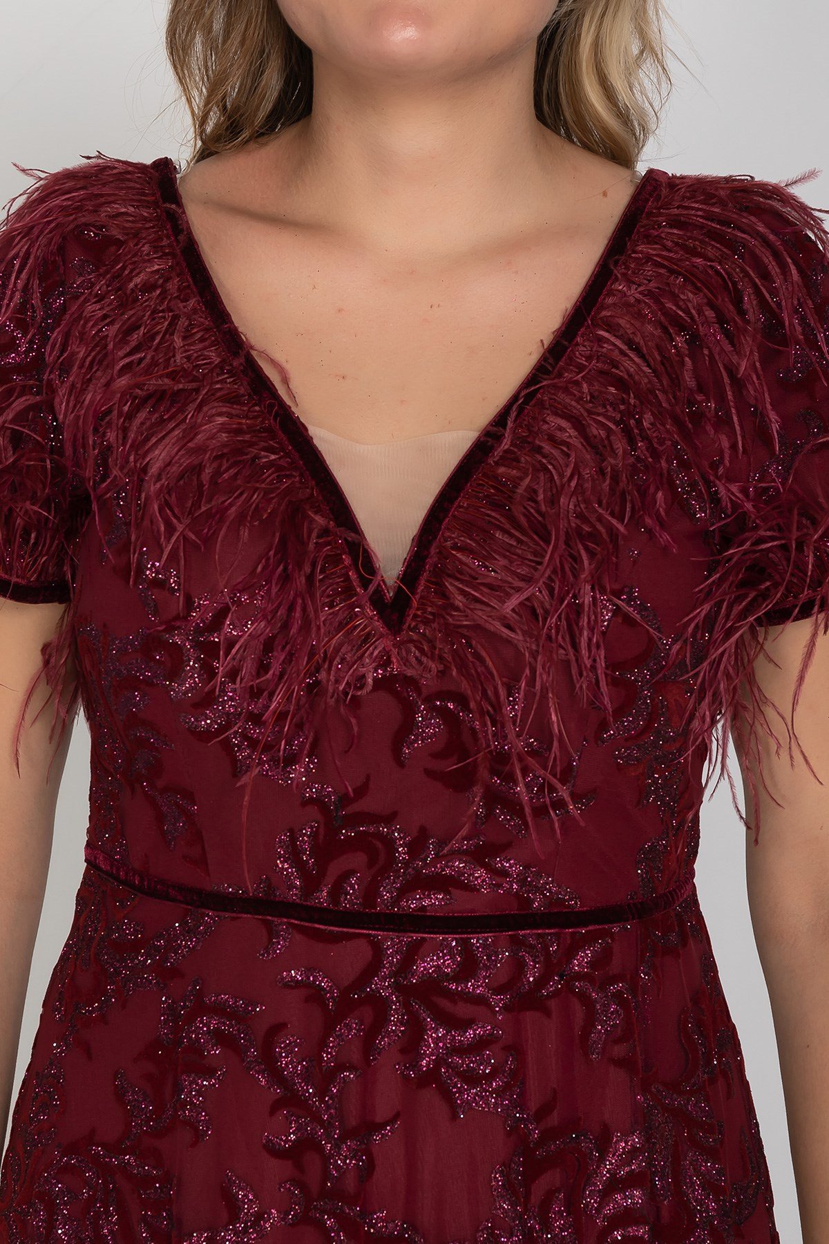 3438 Büyük Beden Ön Arka Vyaka Tüylü Flok Yaprak Baskılı Uzun Elbise