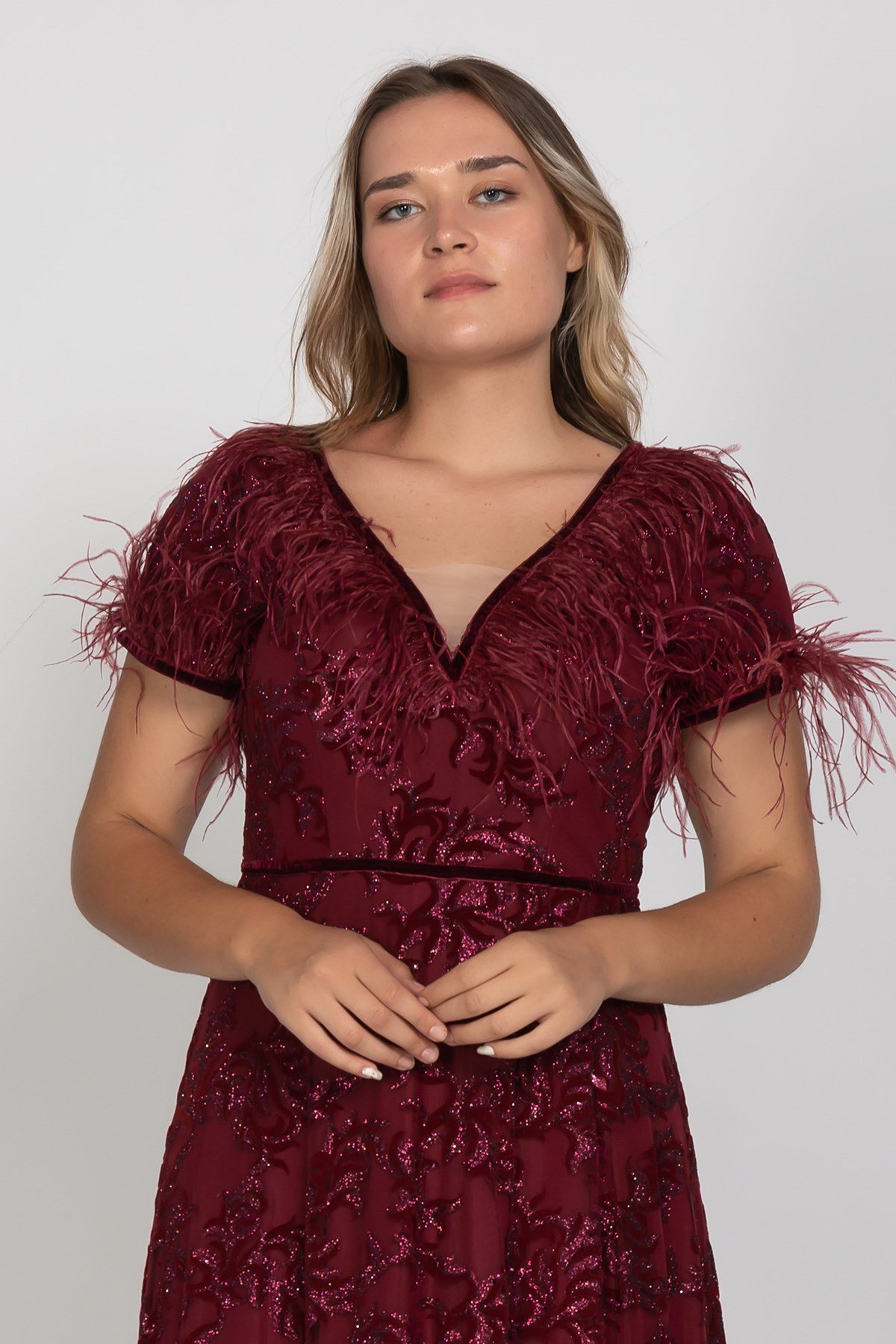 3438 Büyük Beden Ön Arka Vyaka Tüylü Flok Yaprak Baskılı Uzun Elbise