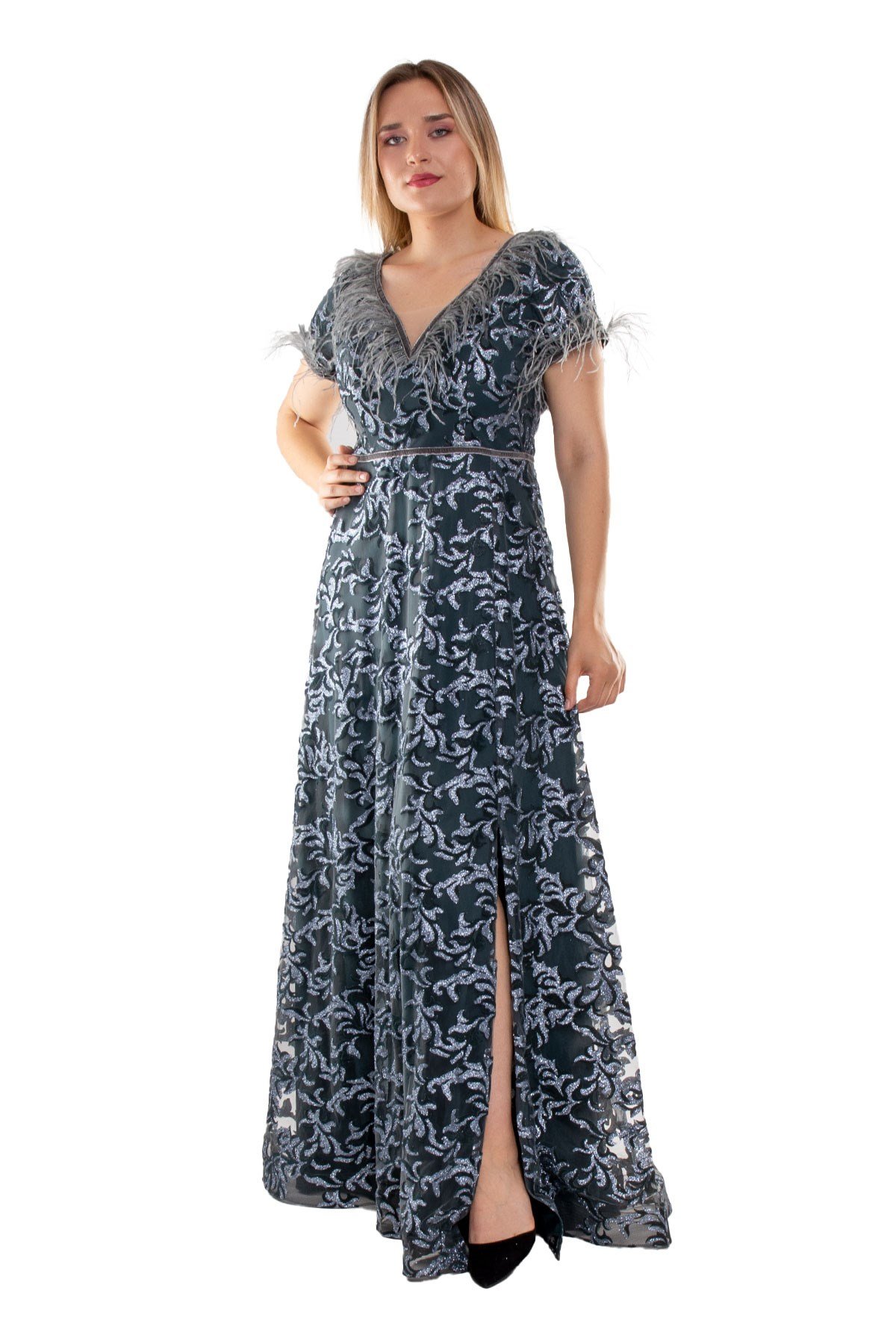 3438 Büyük Beden Ön Arka Vyaka Tüylü Flok Yaprak Baskılı Uzun Elbise