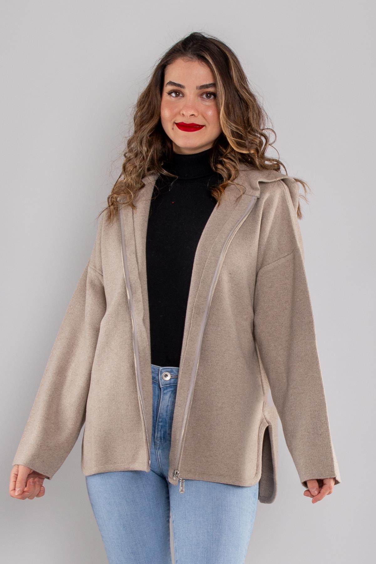 34404 Çelik Örgü Fermuarlı Kapüşonlu Triko Ceket