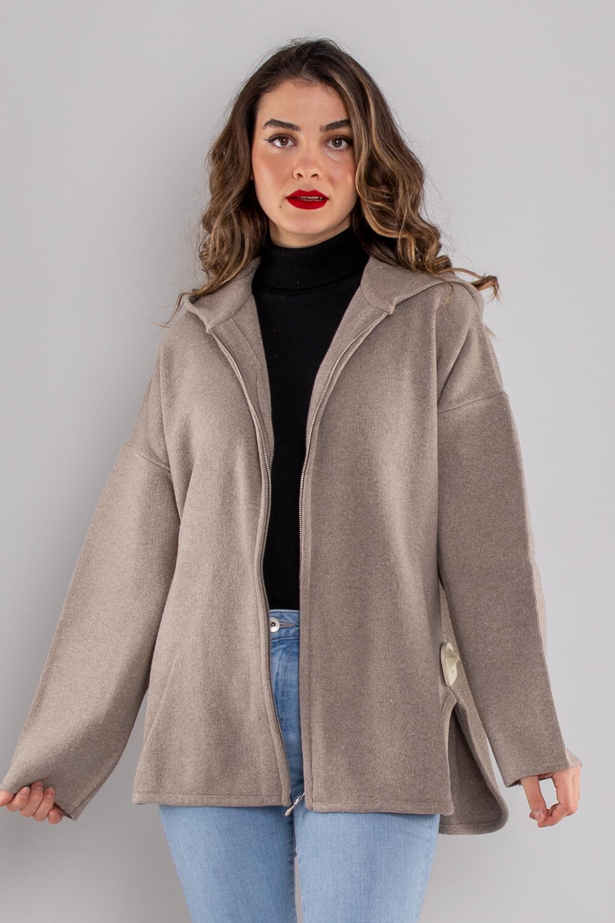 34404 Çelik Örgü Fermuarlı Kapüşonlu Triko Ceket