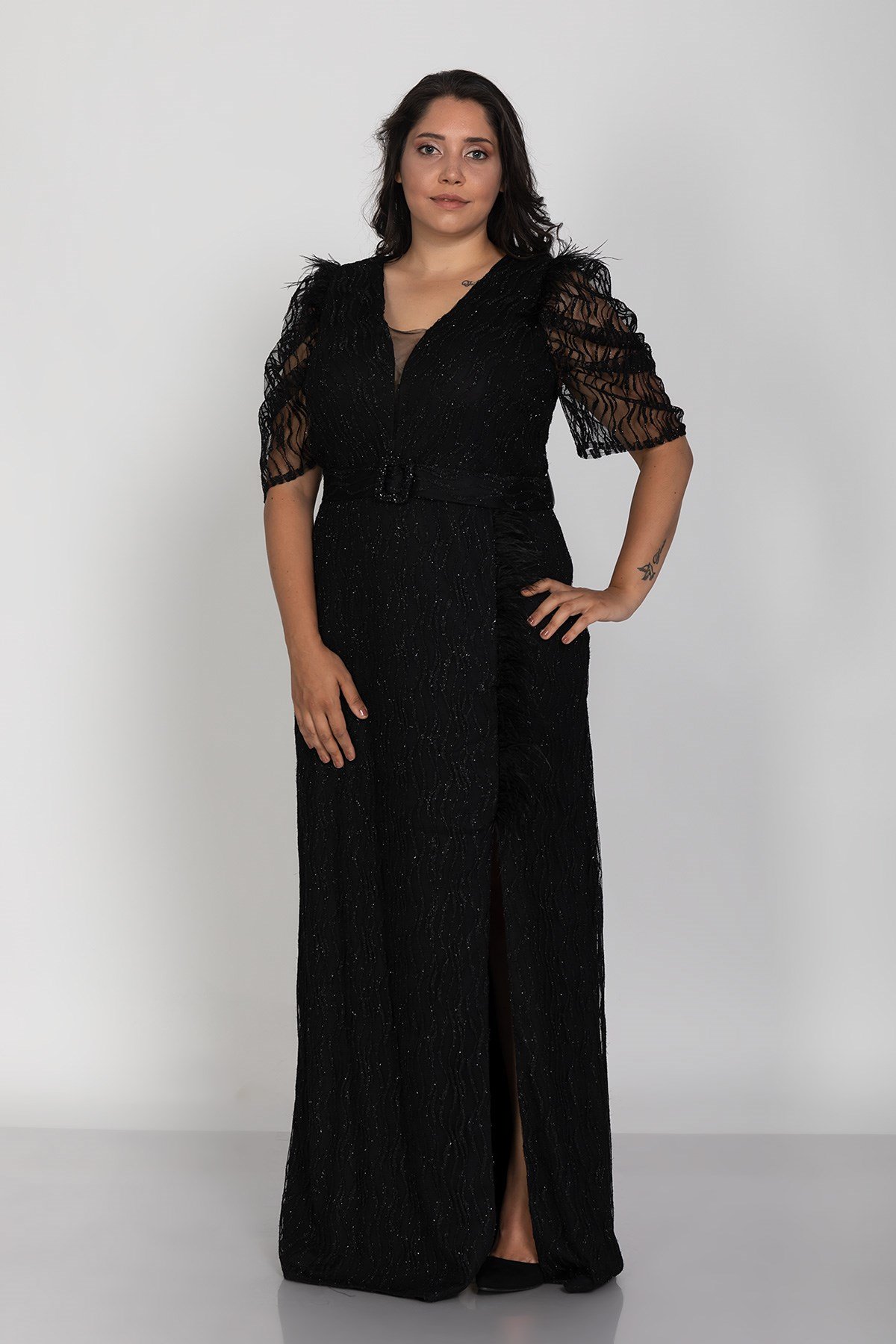 3442 Büyük Beden Kemerli Suyolu Sim Nakışlı Yırtmaçlı Tüllü Karpuz Kol Uuzn Elbise