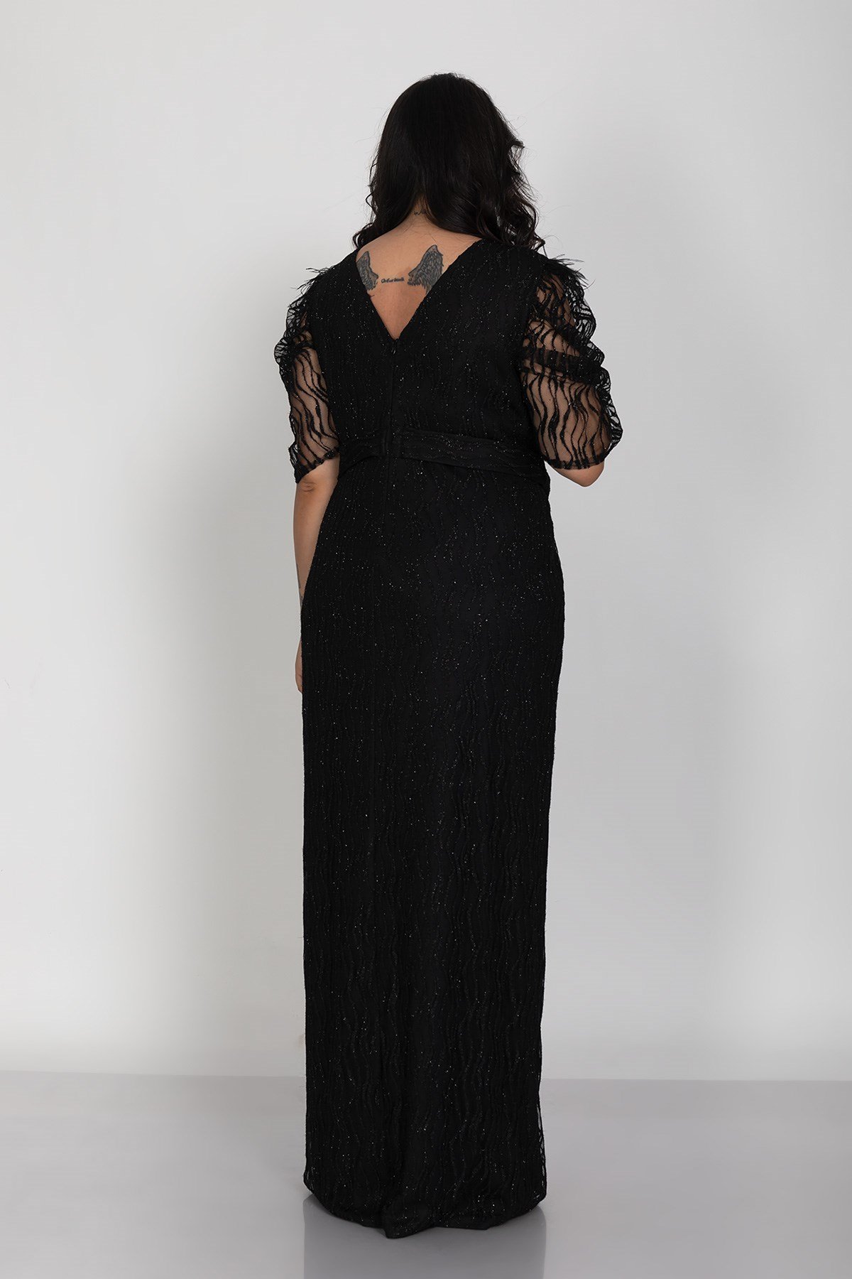 3442 Büyük Beden Kemerli Suyolu Sim Nakışlı Yırtmaçlı Tüllü Karpuz Kol Uuzn Elbise