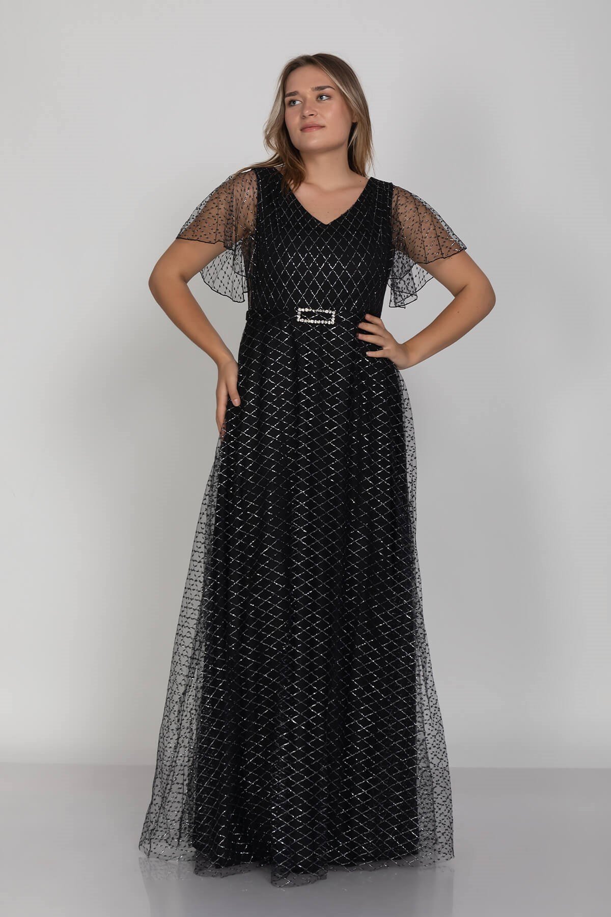 3447 Büyük Beden Mendil Kol Beli Kendinden Kemerli Yaldızlı Uzun Elbise