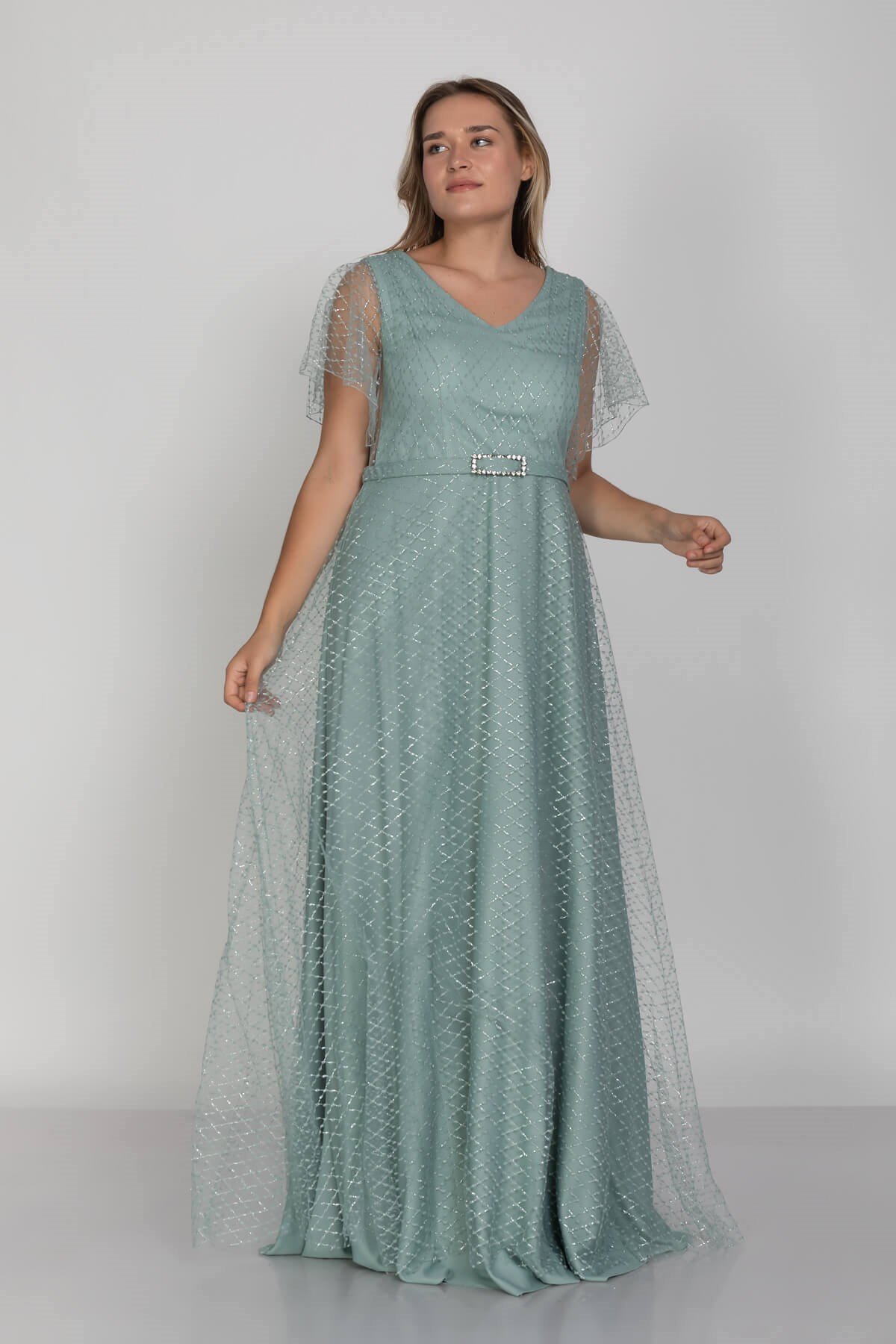 3447 Büyük Beden Mendil Kol Beli Kendinden Kemerli Yaldızlı Uzun Elbise