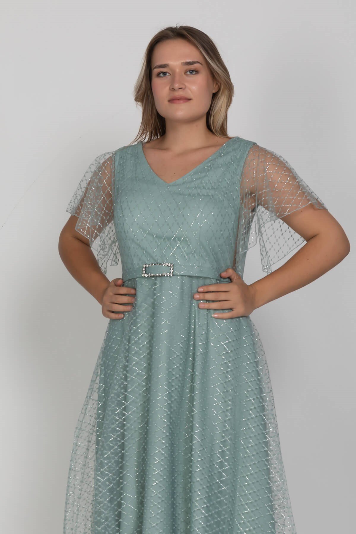 3447 Büyük Beden Mendil Kol Beli Kendinden Kemerli Yaldızlı Uzun Elbise