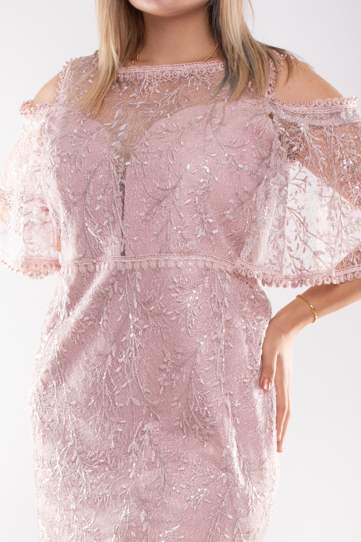 3448 Pulpayet Naklışlı Omuz Dekolte Mendil Kol Büyük Beden Balık Uzun Elbise