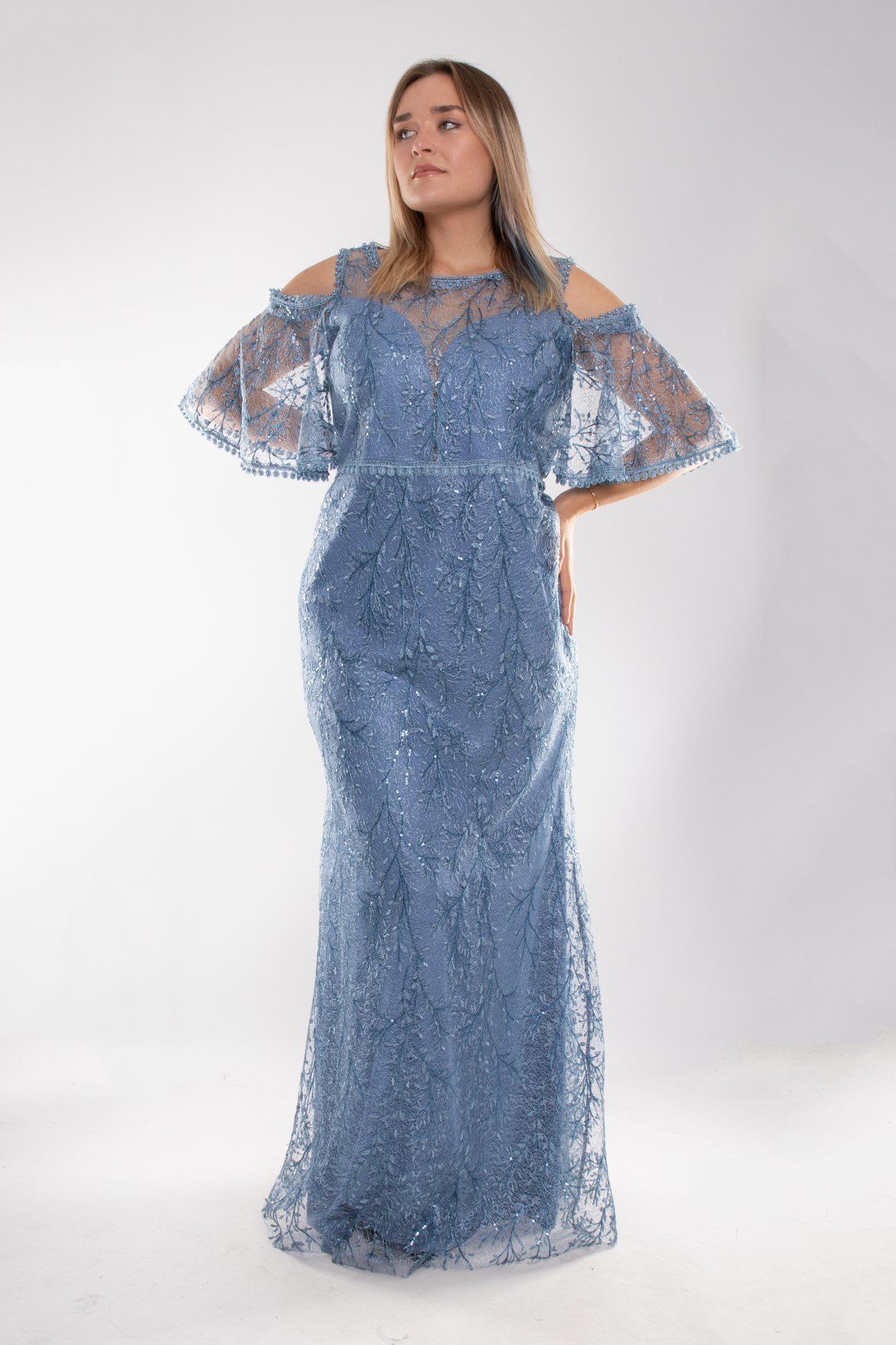 3448 Pulpayet Naklışlı Omuz Dekolte Mendil Kol Büyük Beden Balık Uzun Elbise