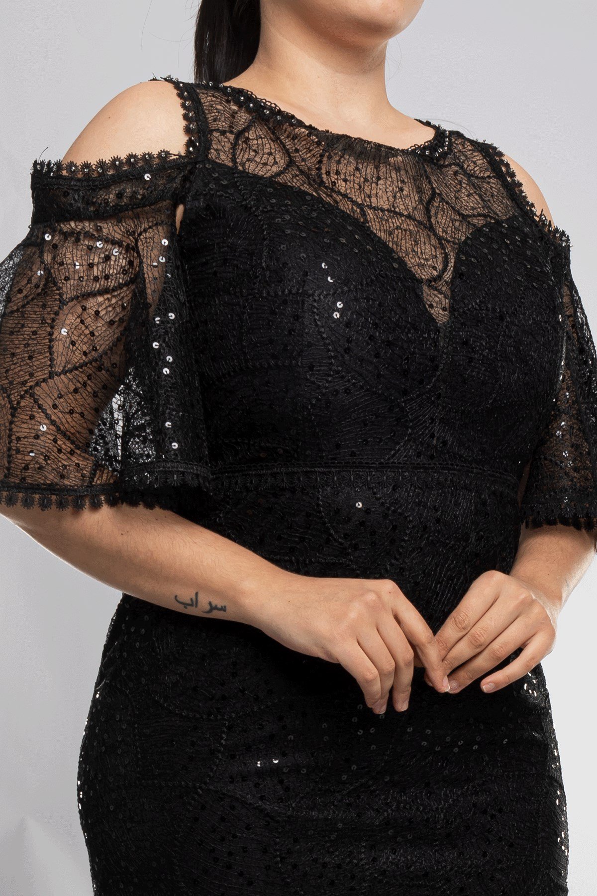 3448 Pulpayet Naklışlı Omuz Dekolte Mendil Kol Büyük Beden Balık Uzun Elbise