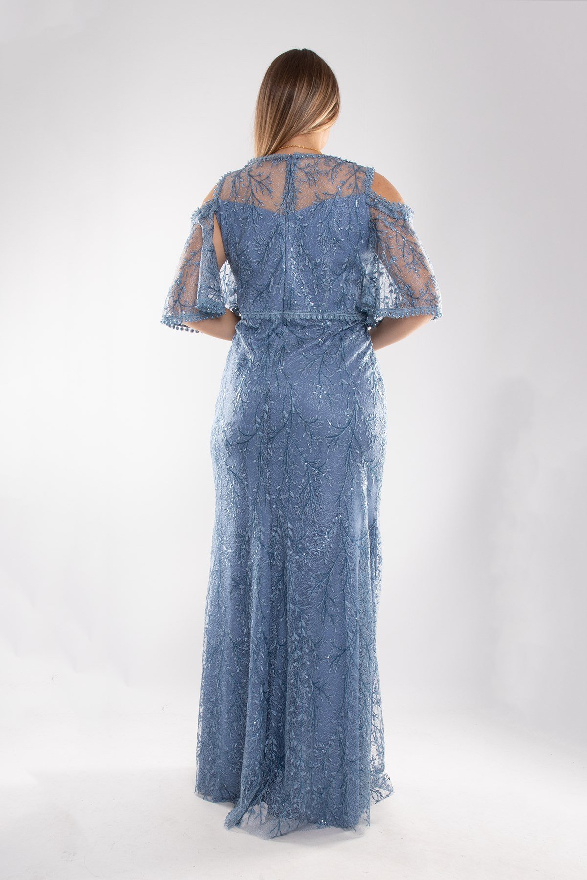 3448 Pulpayet Naklışlı Omuz Dekolte Mendil Kol Büyük Beden Balık Uzun Elbise