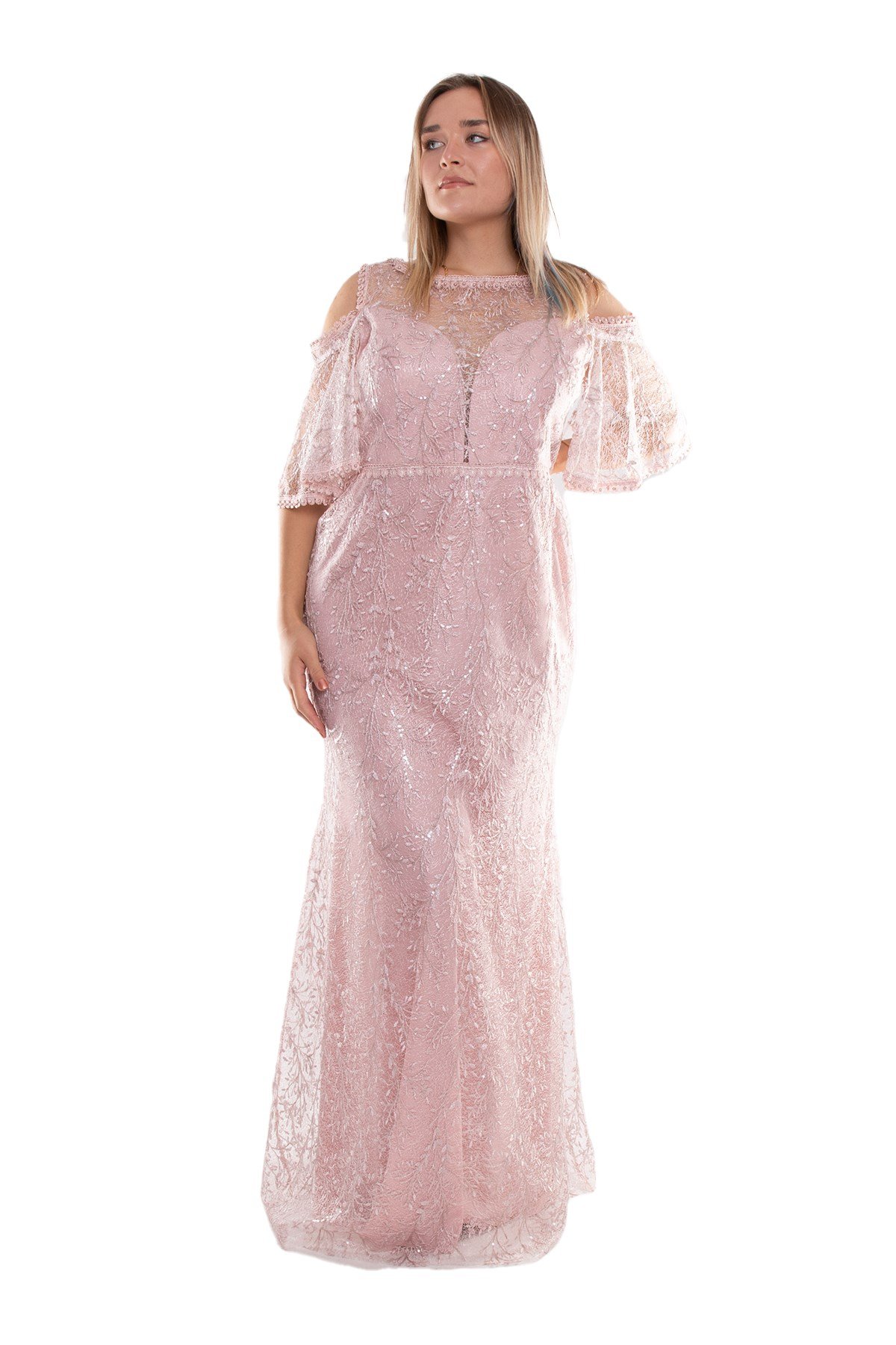 3448 Pulpayet Naklışlı Omuz Dekolte Mendil Kol Büyük Beden Balık Uzun Elbise