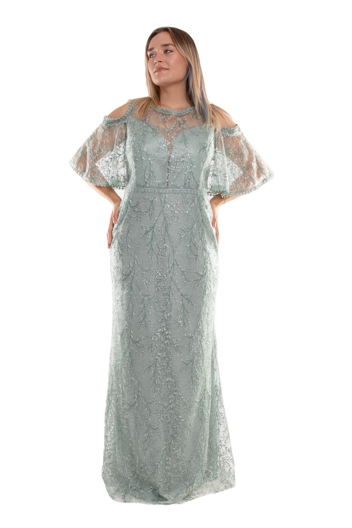 3448 Pulpayet Naklışlı Omuz Dekolte Mendil Kol Büyük Beden Balık Uzun Elbise