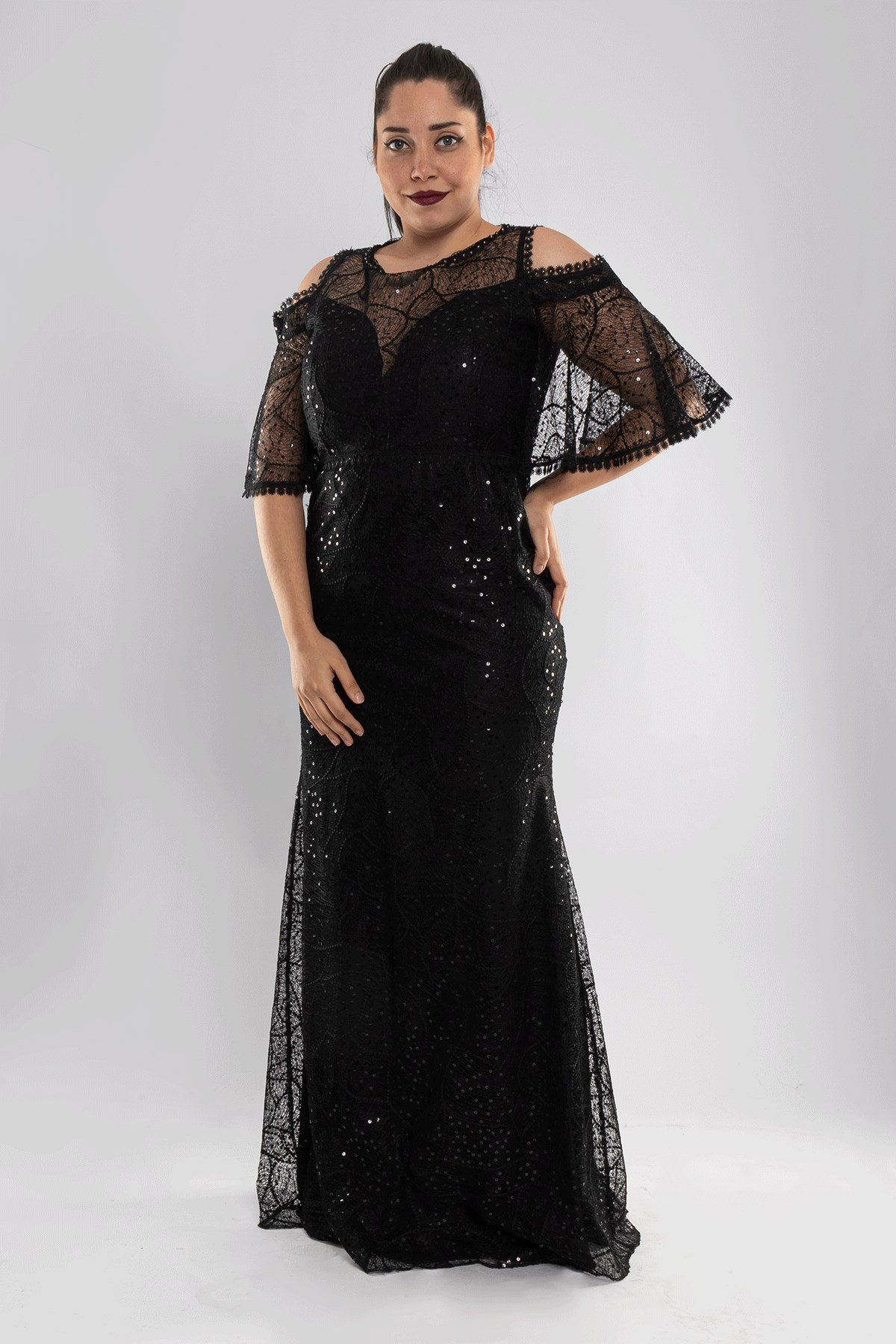 3448 Pulpayet Naklışlı Omuz Dekolte Mendil Kol Büyük Beden Balık Uzun Elbise