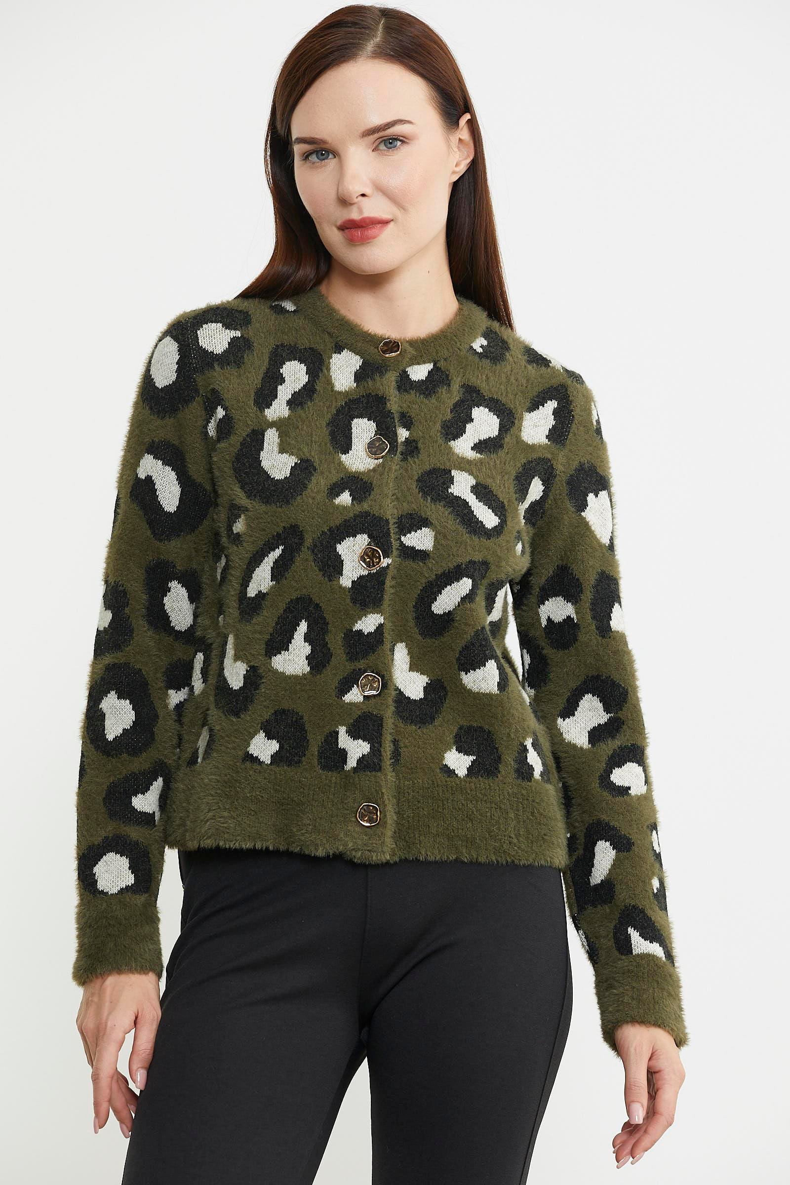34495 Leopar Desenli Sakallı Kadın Triko Hırka