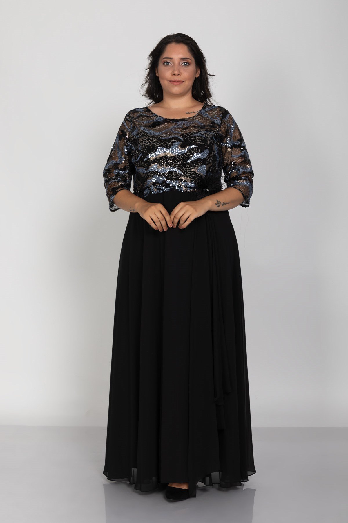 3452 Büyük Beden Truvakar Kol Degrade Payet İşleme Şifon Uzun Elbise