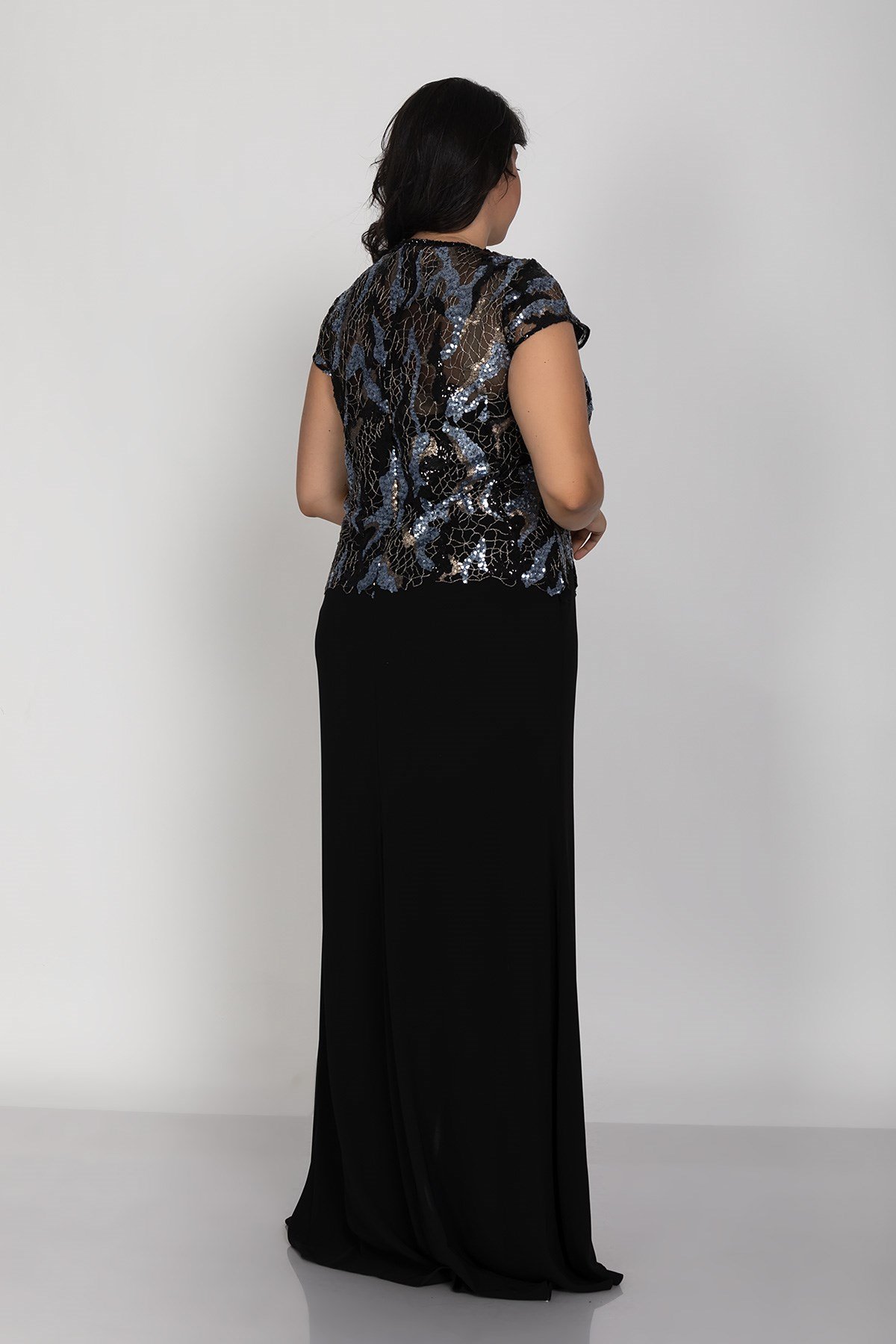 3469 Büyük Beden Vyaka Degrade Payet Nakışlı Yanı Valonlu Yırtmaçlı Uzun Elbise