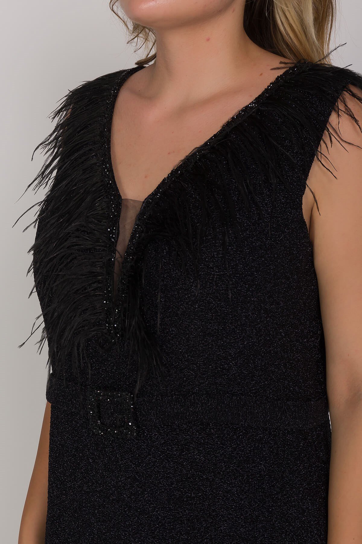 3472 Omuz Tüylü Beli Kemerli Yaka Taşlı Büyük Beden Sim Uzun Elbise