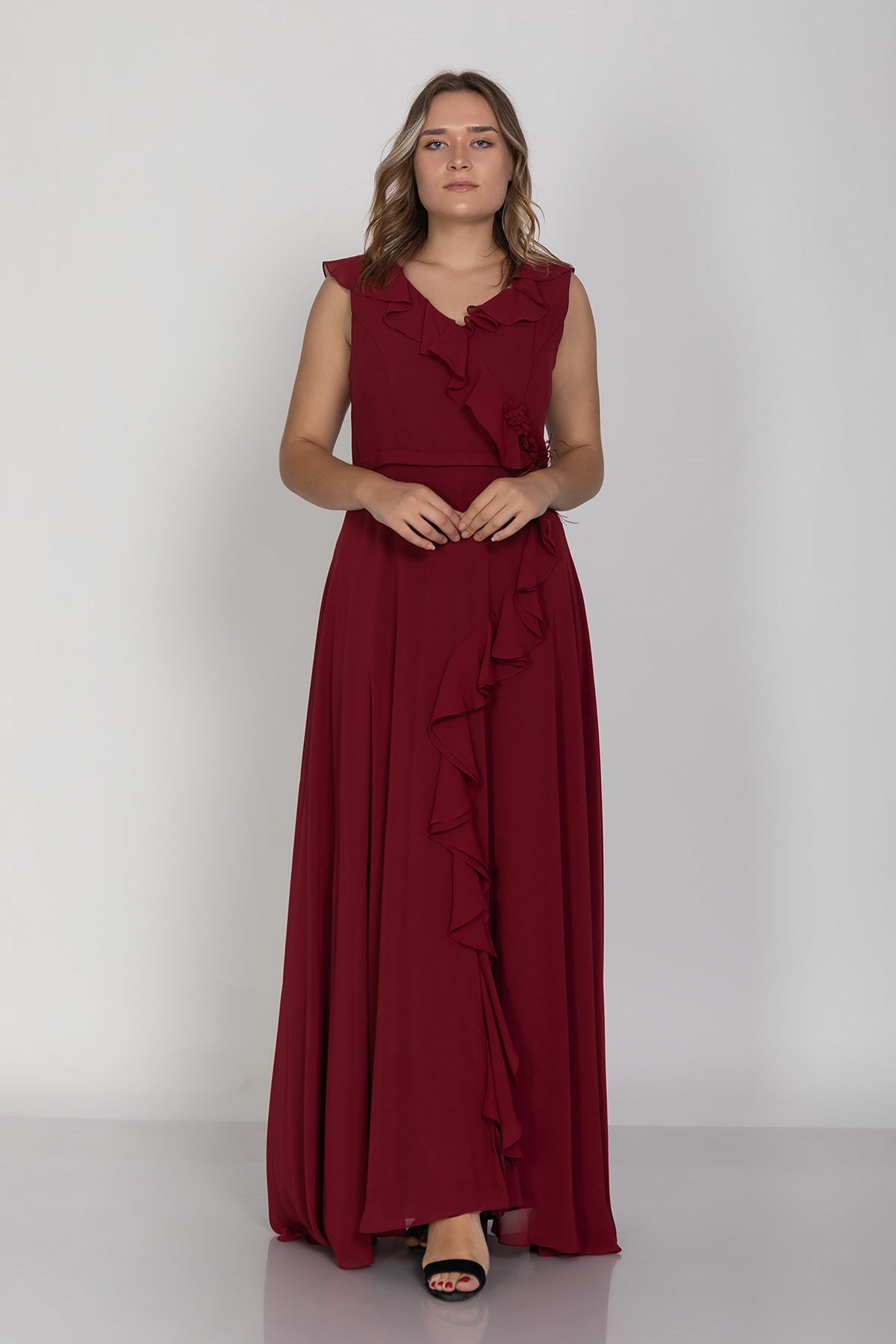 3507 Büyük Beden Fırfırlı Ön Arka Vyaka Çiçek Detaylı Krep Şifon Uzun Elbise