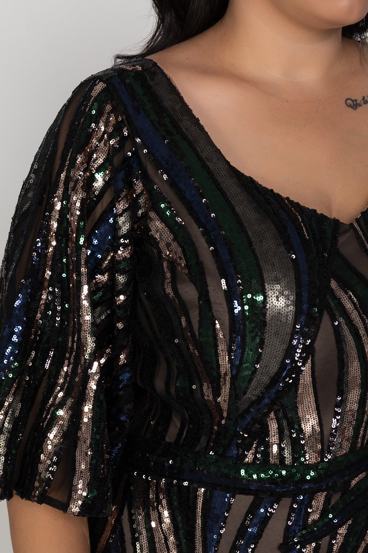 3513 Büyük Beden Valon Kol Degrade Pulpayet Kısa Elbise