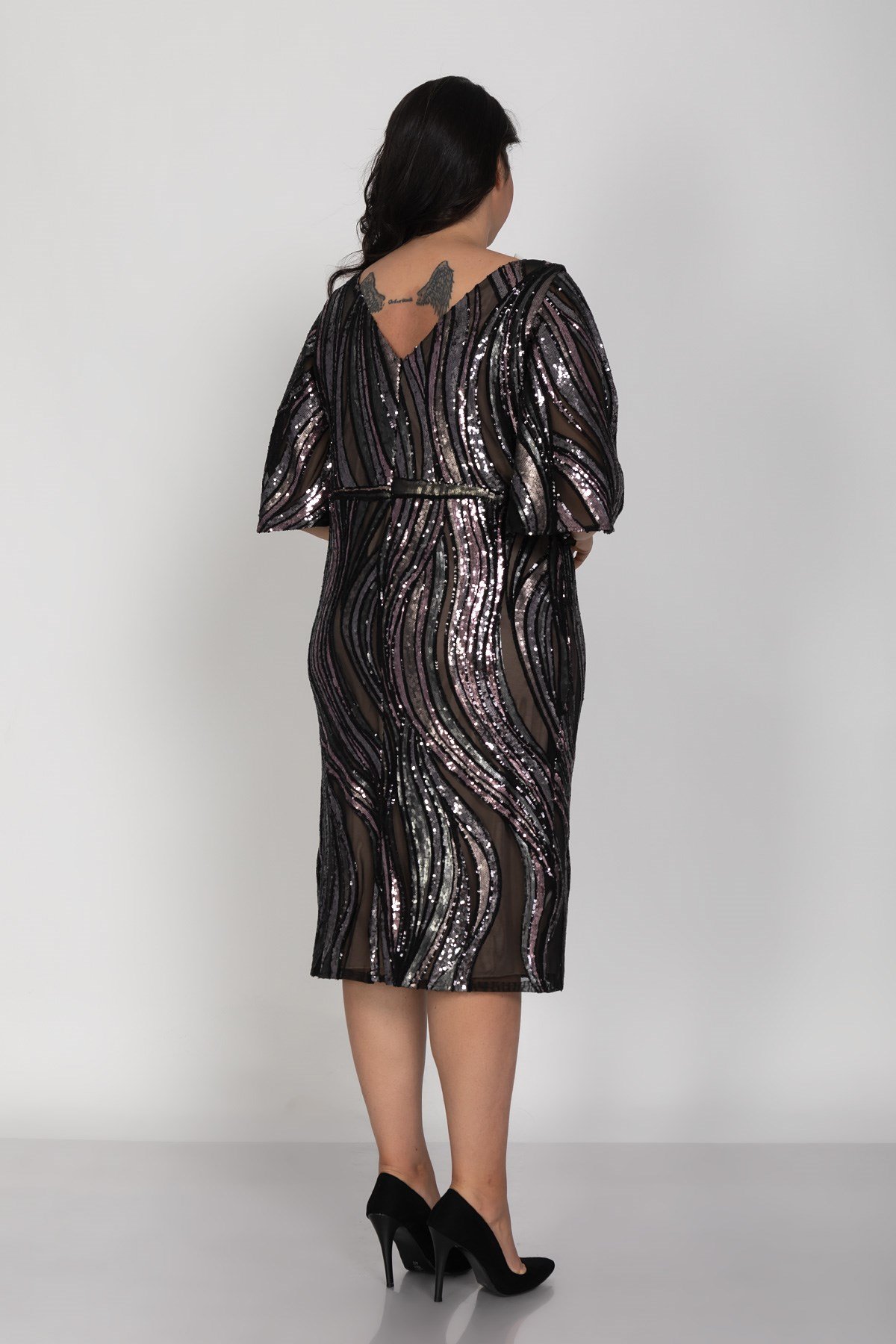 3513 Büyük Beden Valon Kol Degrade Pulpayet Kısa Elbise