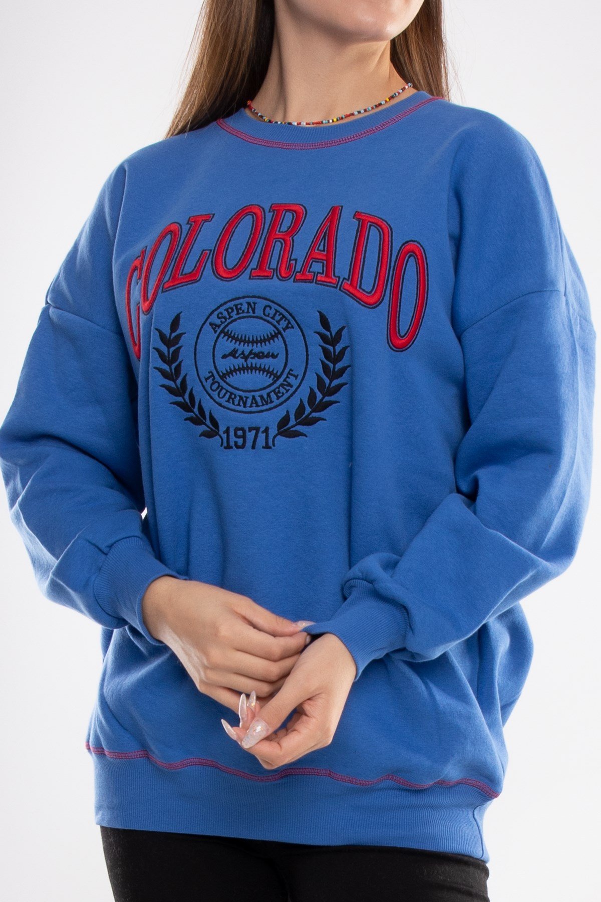 3648 Bisiklet Yaka Colorado Baskı İçi Şardonlu Pamuk Sweat