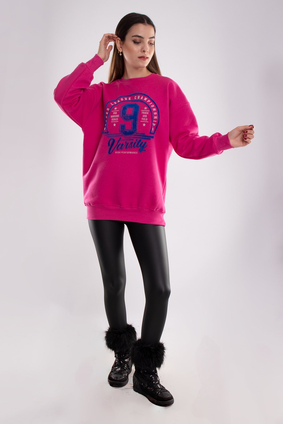 3656 İçi Şardonlu Baskılı Bisiklet Yaka Pamuk Sweat