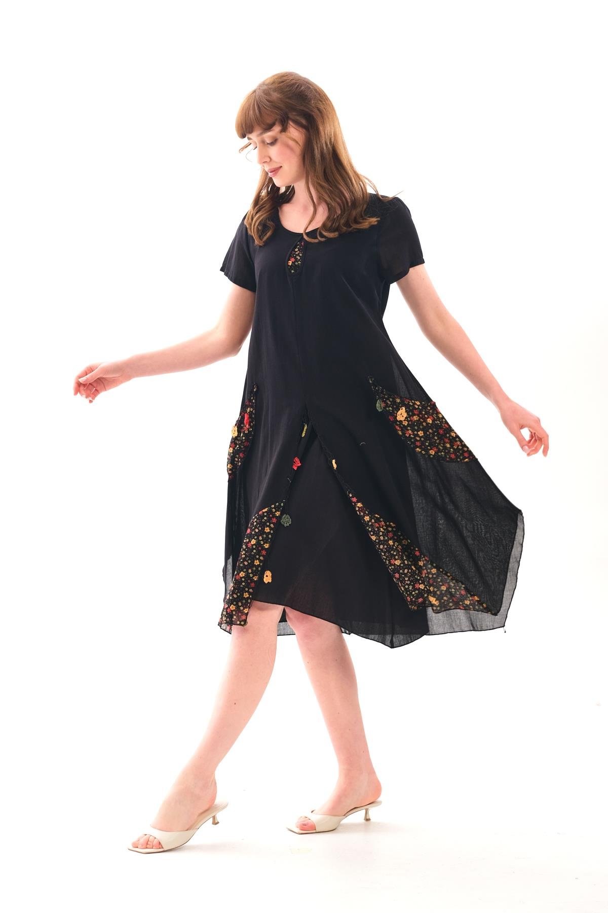 3705 Etek Ucu Asitmetrik Detay Kısa Kol Otantik Pamuk Elbise