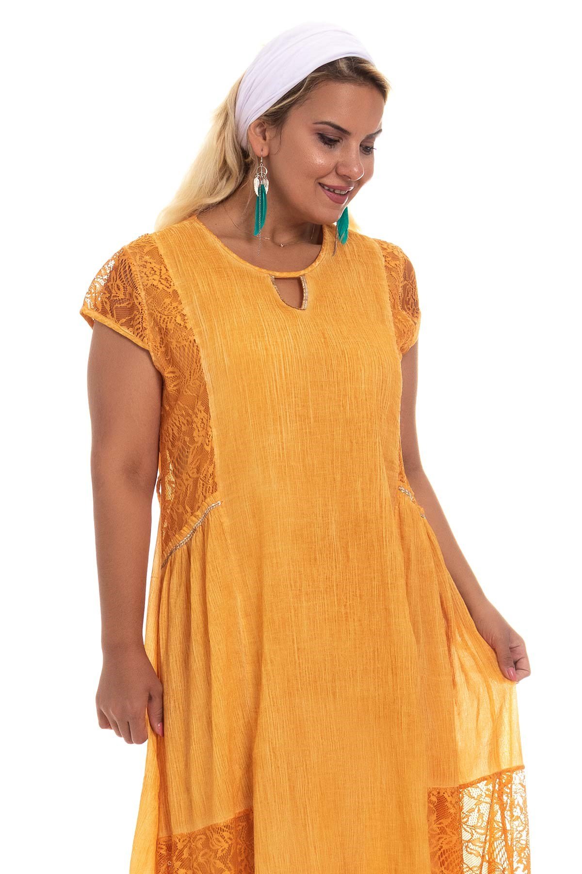 3734 Dantel Detay Pamuk otantik Elbise