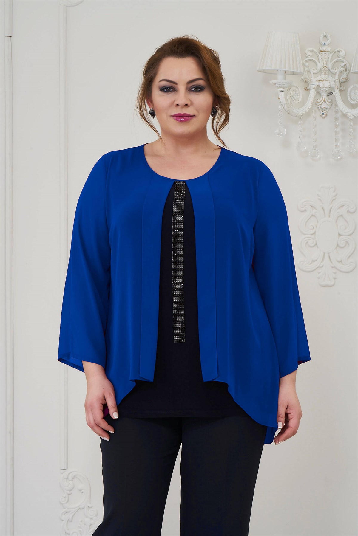 374 BB Su Yolu Taş İşlemeli İkili Şifon Bluz