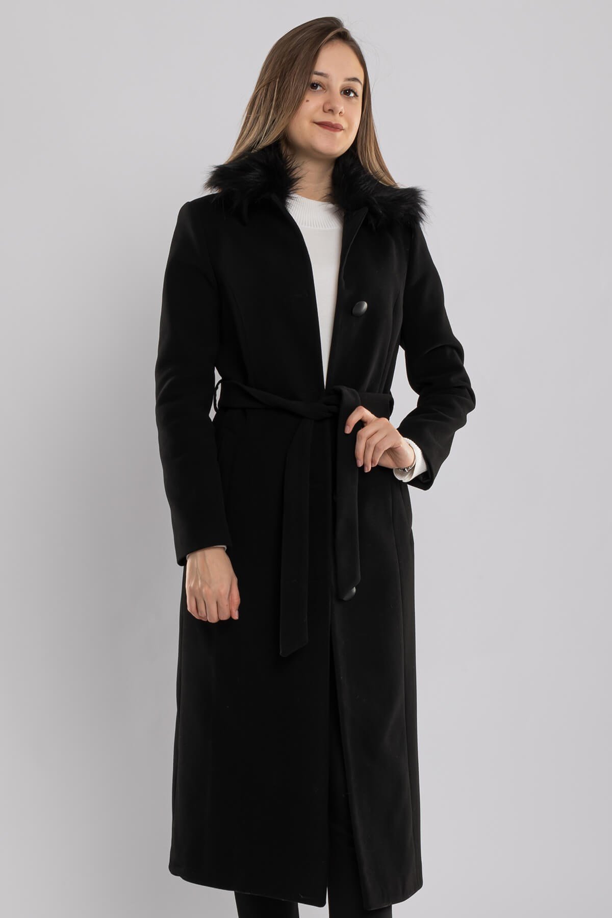 3741 Büyük Beden P.M Bebe Yaka Kürklü Düğmeli Kadın Kaban