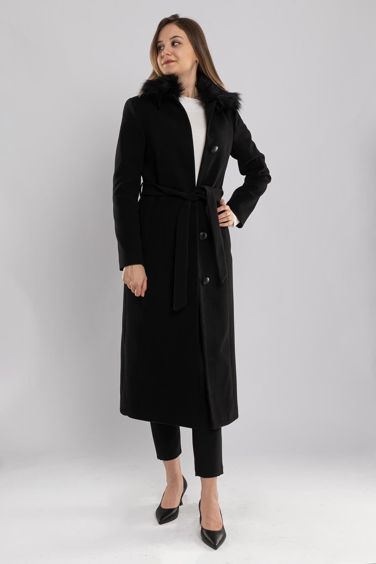 3741 Büyük Beden P.M Bebe Yaka Kürklü Düğmeli Kadın Kaban